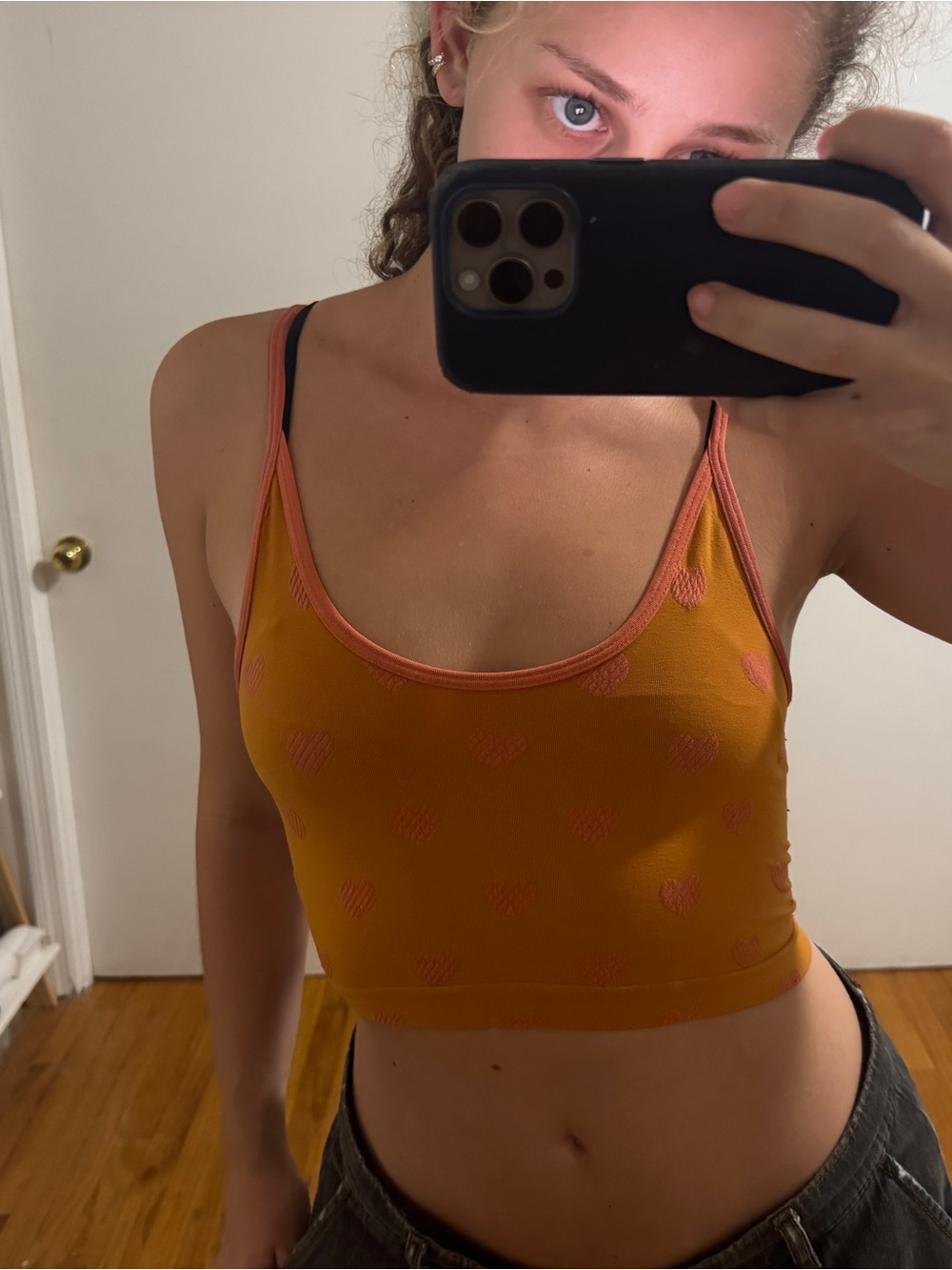 Urban Outfitters Orange Crop Tank with Pink Heart Motif